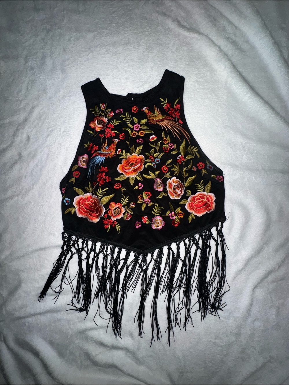 Forever 21 Black Floral Embroidered Fringe Crop Top